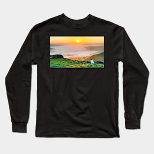 dog watching the sunrise at a misty Hope Valley, Castleton, Derbyshire,UK Long Sleeve T-Shirt